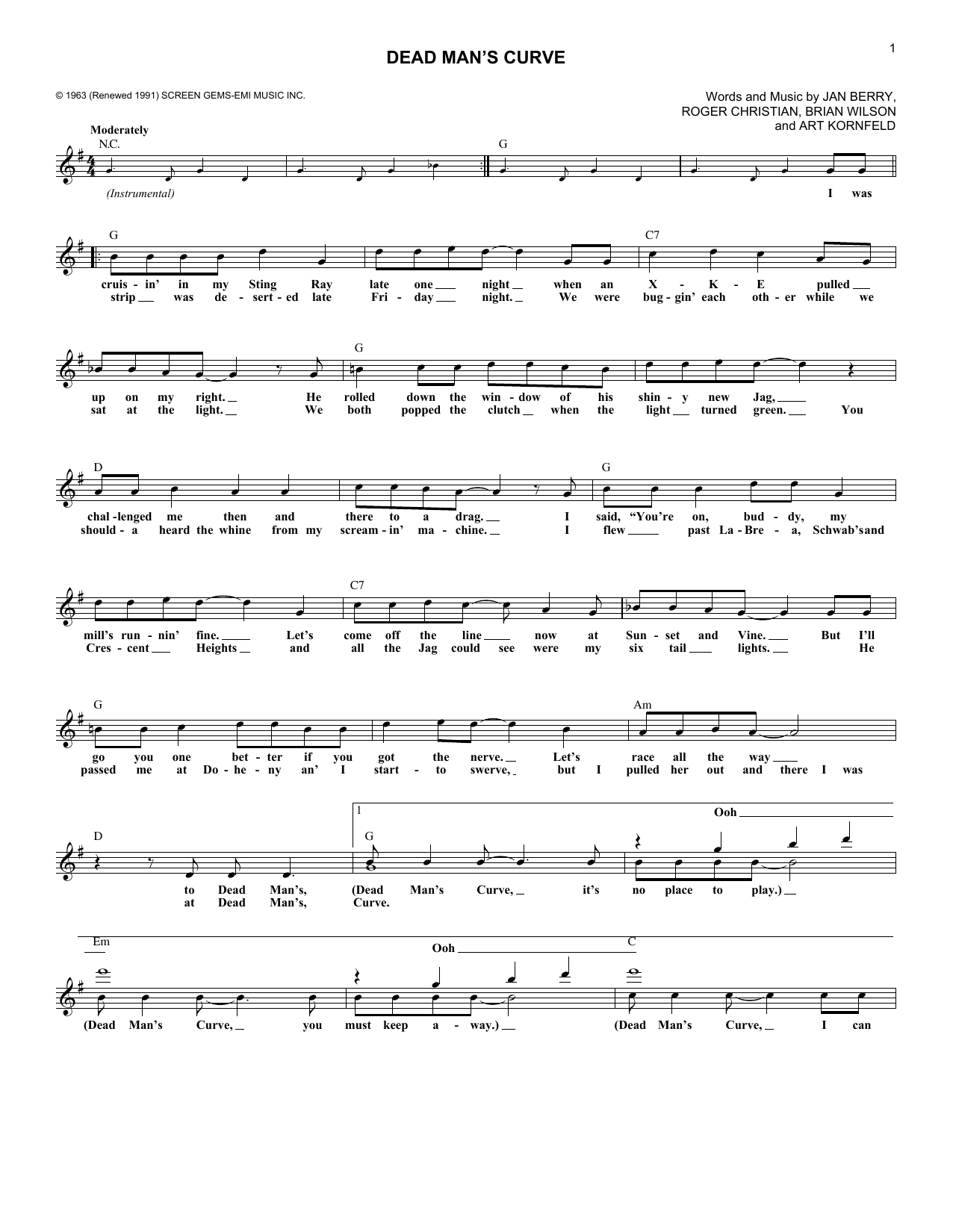 Jan & Dean Dead Man's Curve Sheet Music Notes & Chords for Melody Line, Lyrics & Chords - Download or Print PDF