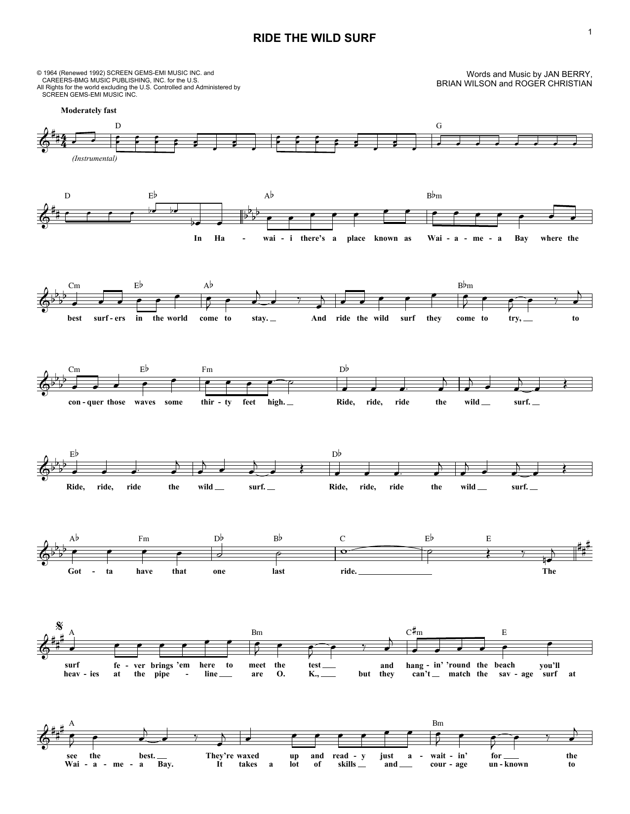 Jan & Dean Ride The Wild Surf Sheet Music Notes & Chords for Melody Line, Lyrics & Chords - Download or Print PDF