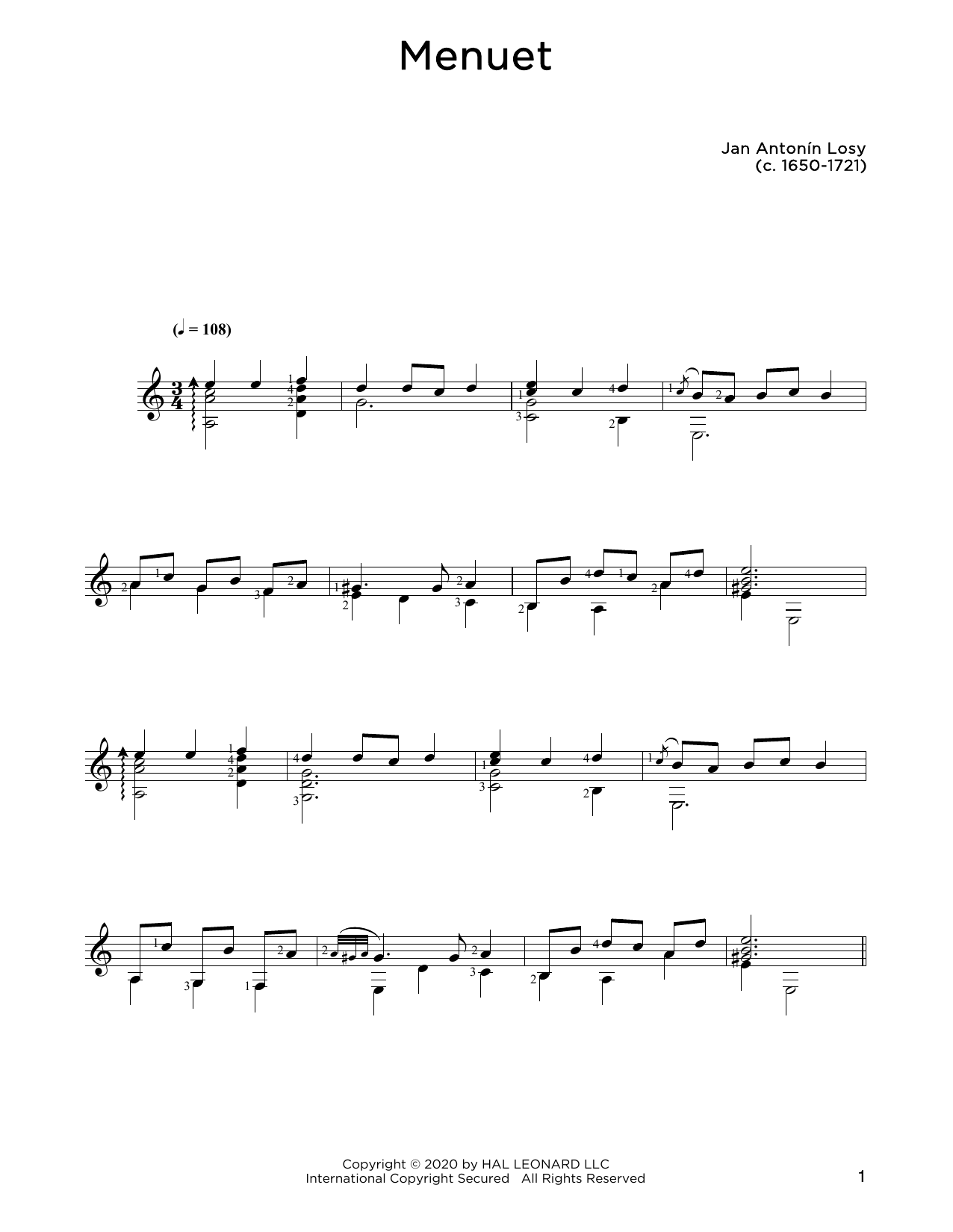 Jan Antonin Losey Menuet Sheet Music Notes & Chords for Solo Guitar - Download or Print PDF