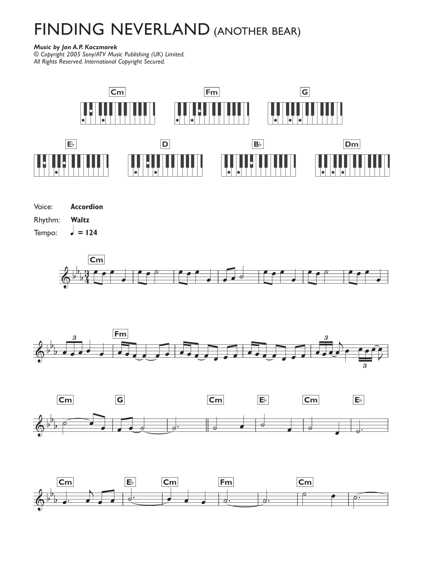 Jan A.P. Kaczmarek Another Bear (from Finding Neverland) Sheet Music Notes & Chords for Melody Line & Chords - Download or Print PDF