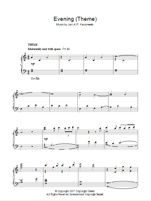 Jan A.P. Kaczmarek Evening (Theme) Sheet Music Notes & Chords for Piano - Download or Print PDF