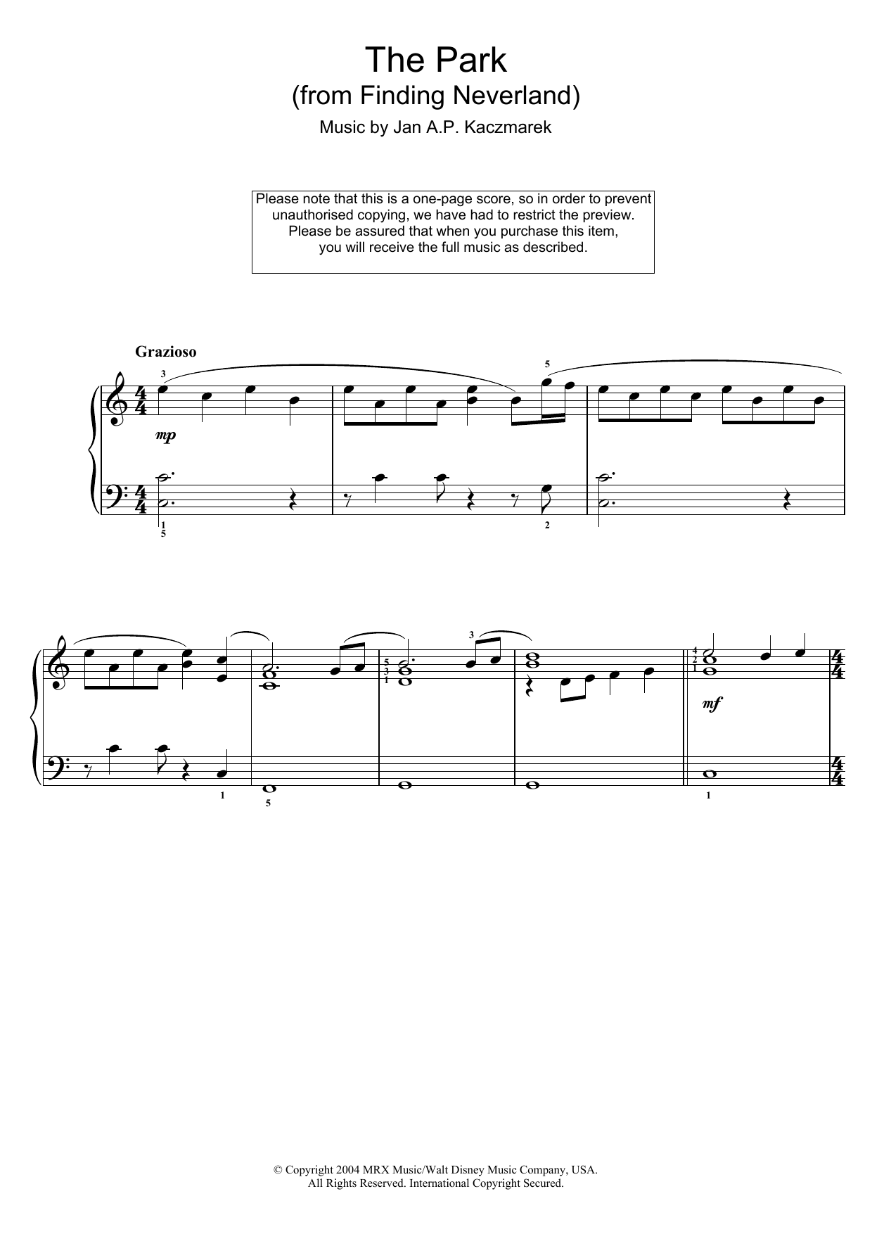 Jan A.P. Kaczmarek The Park (from Finding Neverland) Sheet Music Notes & Chords for Easy Piano - Download or Print PDF