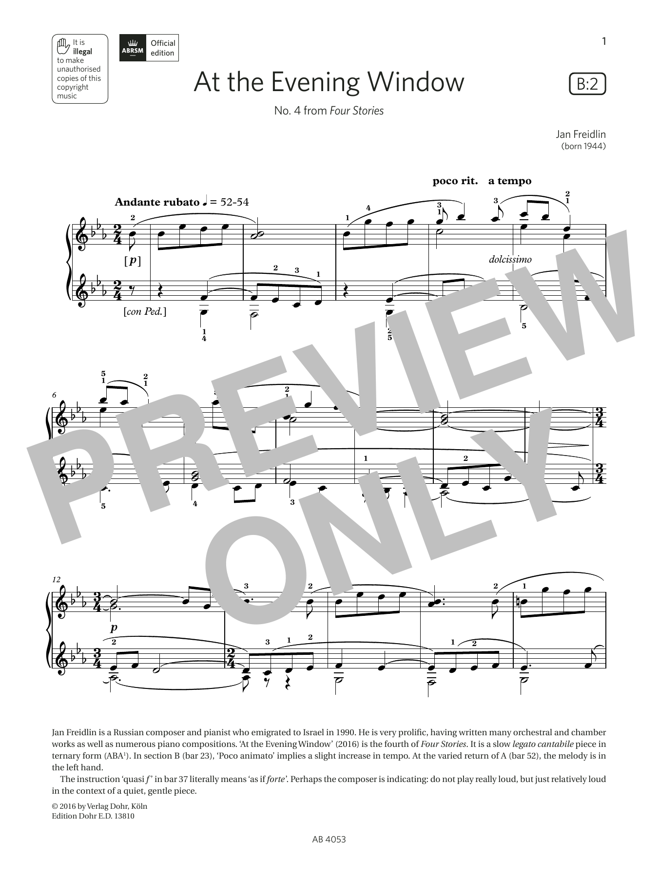 Jan Freidlin At the Evening Window (Grade 7, list B2, from the ABRSM Piano Syllabus 2023 & 2024) Sheet Music Notes & Chords for Piano Solo - Download or Print PDF