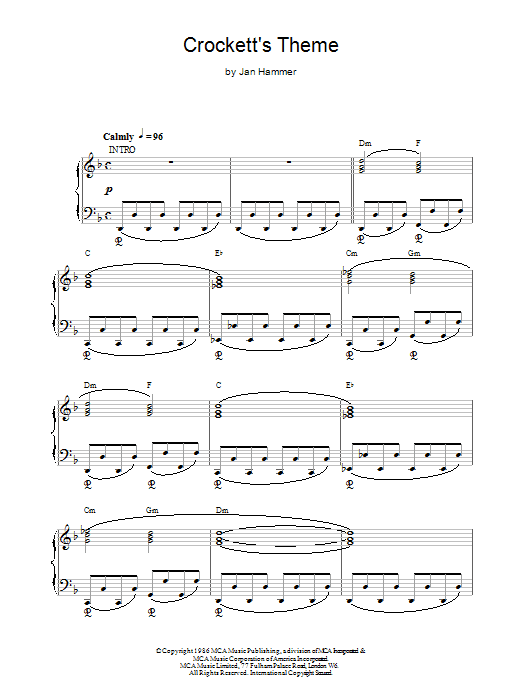 Jan Hammer Crockett's Theme Sheet Music Notes & Chords for Piano, Vocal & Guitar (Right-Hand Melody) - Download or Print PDF