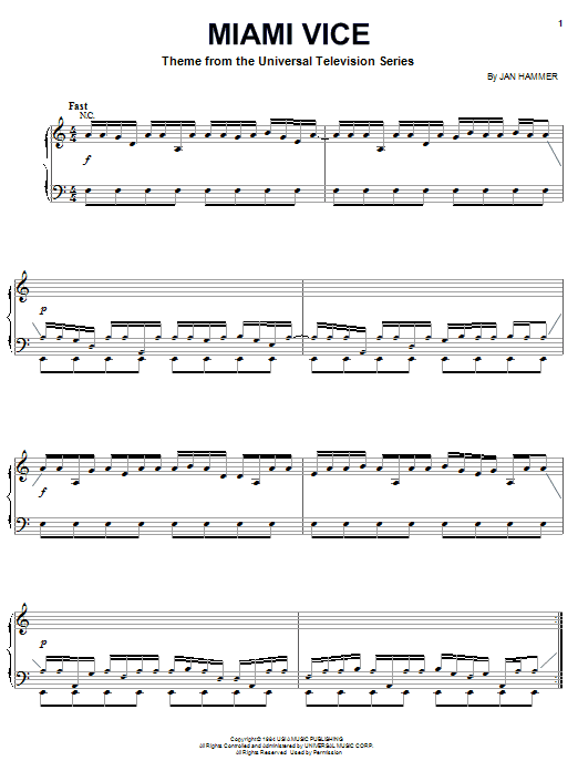 Jan Hammer Miami Vice Sheet Music Notes & Chords for Piano Solo - Download or Print PDF