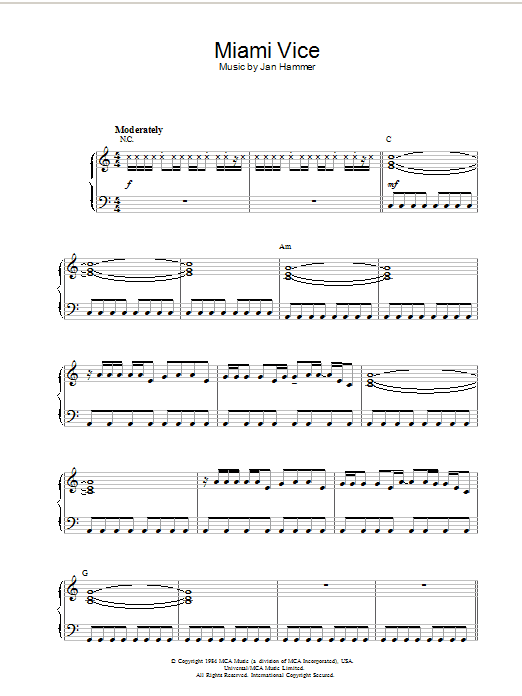 Jan Hammer Theme From Miami Vice Sheet Music Notes & Chords for Piano - Download or Print PDF