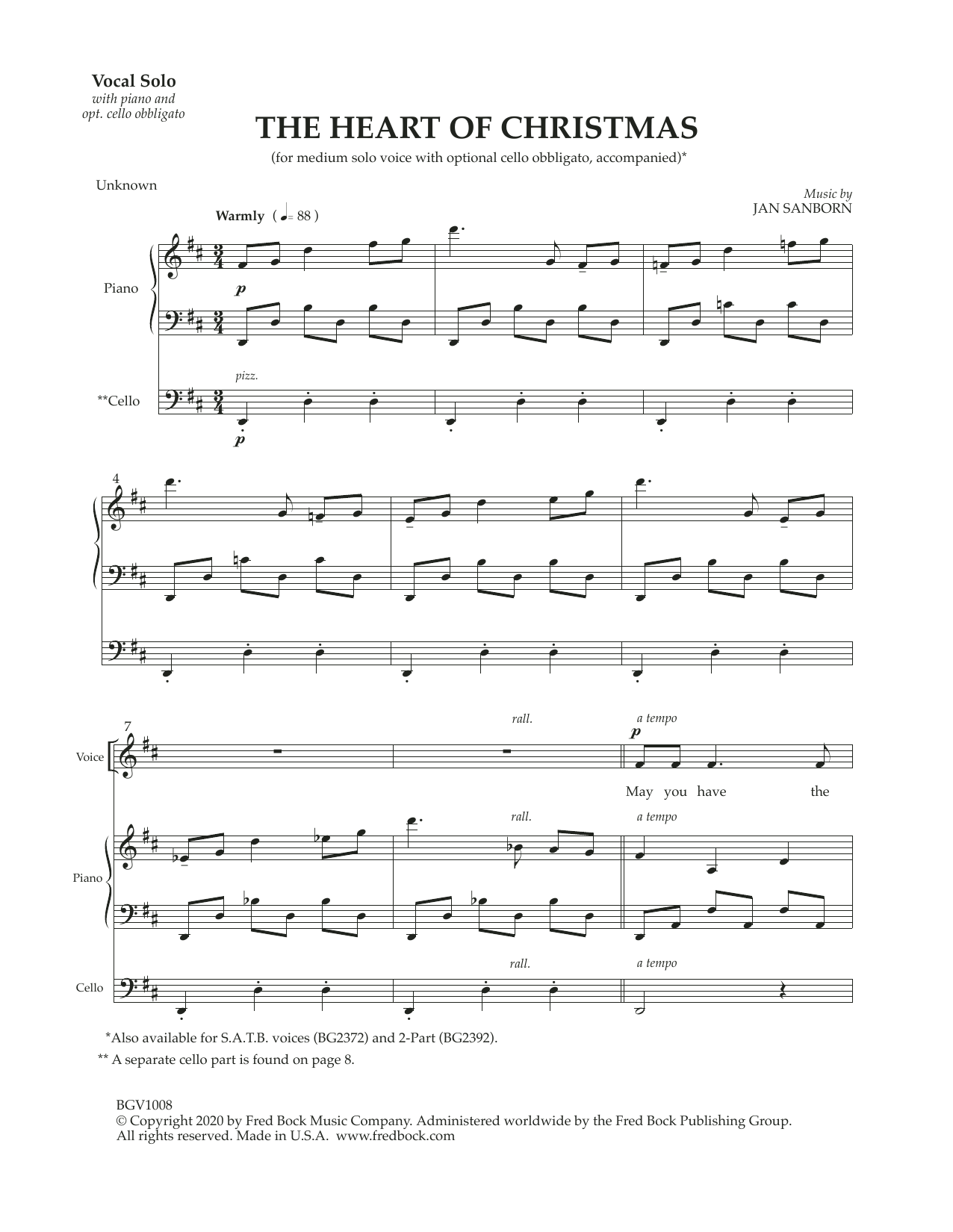 Jan Sanborn The Heart Of Christmas (with optional cello obbligato) Sheet Music Notes & Chords for Piano & Vocal - Download or Print PDF