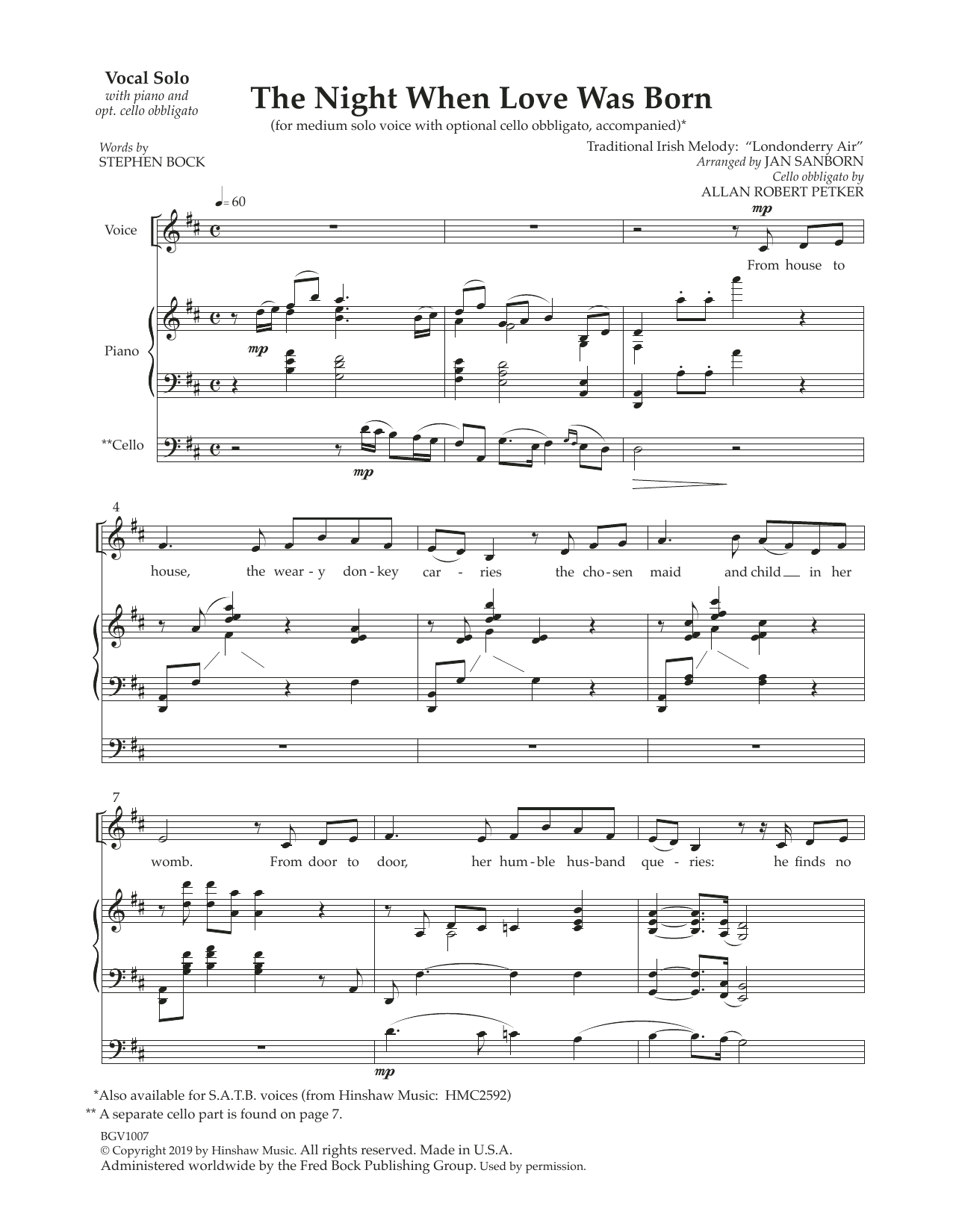 Jan Sanborn The Night That Love Was Born (with optional cello obbligato) Sheet Music Notes & Chords for Piano & Vocal - Download or Print PDF