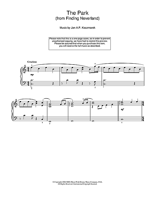 Jan A.P. Kaczmarek The Park (from Finding Neverland) Sheet Music Notes & Chords for Easy Piano - Download or Print PDF