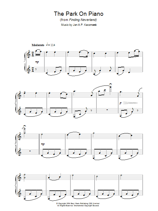 Preview Jan A.P. Kaczmarek The Park On Piano (from Finding Neverland) Film and TV sheet music, notes and chords for Piano, SKU: 37408 The Park On Piano (from Finding Neverland) sheet music