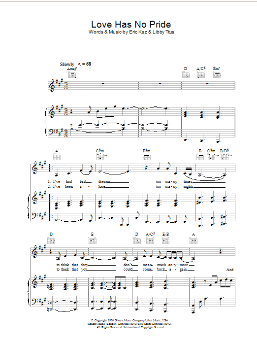 Jane Monheit Love Has No Pride Sheet Music Notes & Chords for Piano, Vocal & Guitar - Download or Print PDF