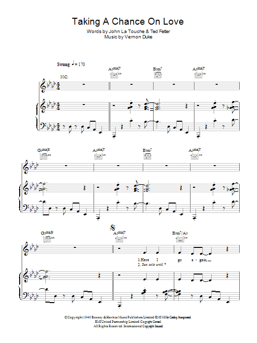 Jane Monheit Taking A Chance On Love Sheet Music Notes & Chords for Piano, Vocal & Guitar (Right-Hand Melody) - Download or Print PDF