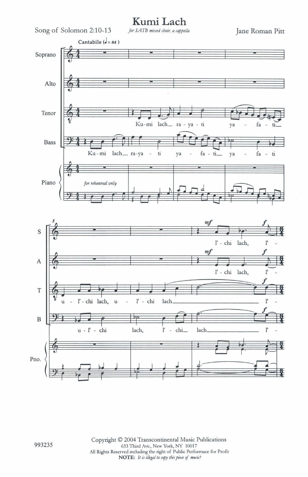 Jane Roman Pitt Kumi Lach Sheet Music Notes & Chords for Choral - Download or Print PDF