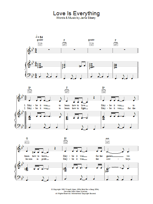 Preview Jane Siberry Love Is Everything Pop sheet music, notes and chords for Piano, Vocal & Guitar (Right-Hand Melody), SKU: 33744 Love Is Everything sheet music