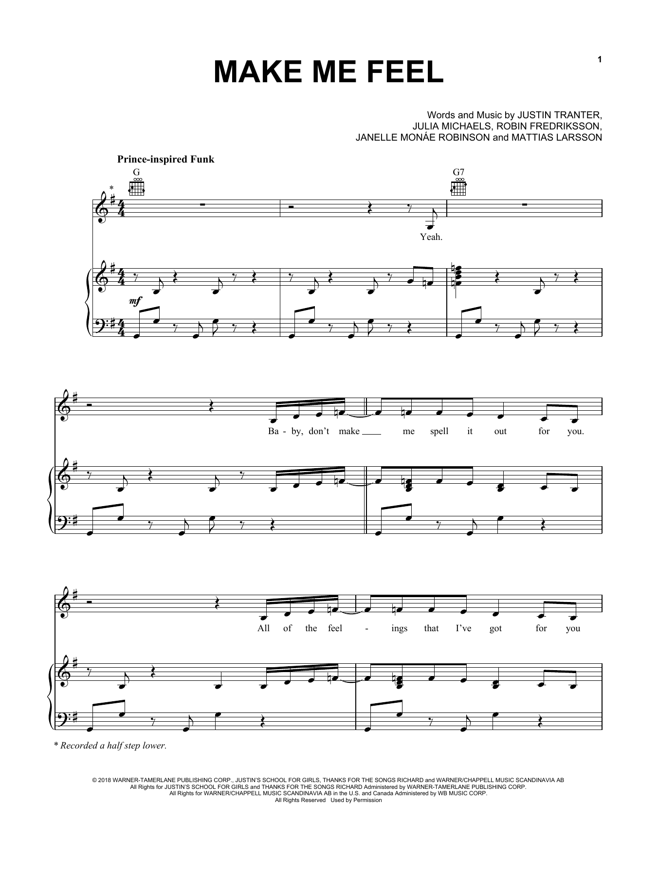 Janelle Monae Make Me Feel Sheet Music Notes & Chords for Piano, Vocal & Guitar (Right-Hand Melody) - Download or Print PDF