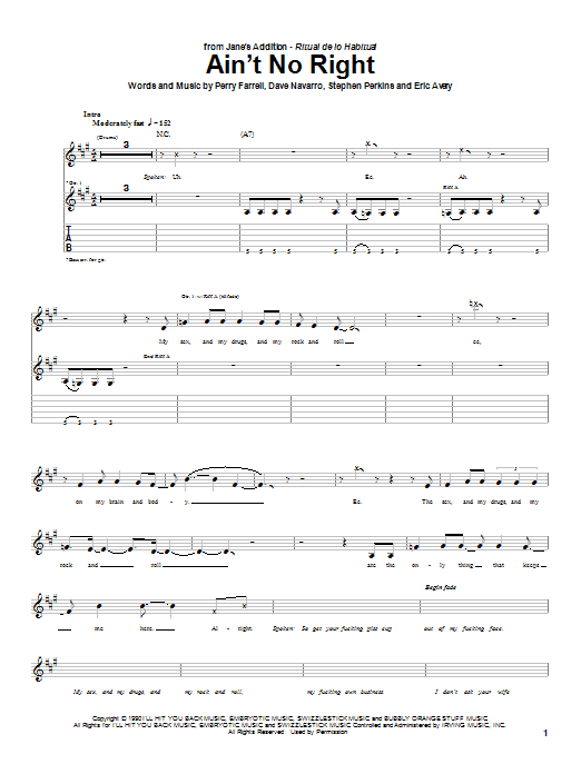 Jane's Addiction Ain't No Right Sheet Music Notes & Chords for Guitar Tab - Download or Print PDF