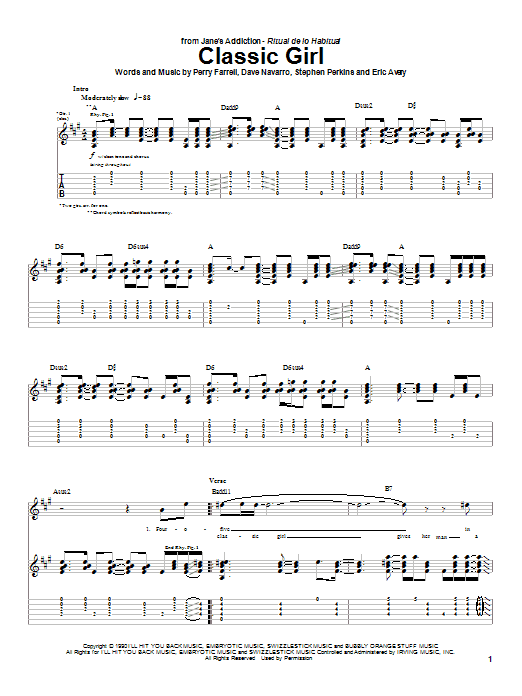 Jane's Addiction Classic Girl Sheet Music Notes & Chords for Guitar Tab - Download or Print PDF