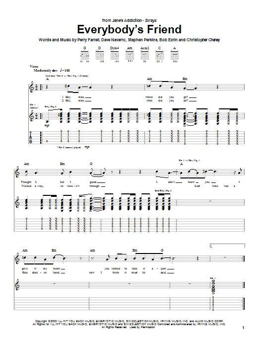 Jane's Addiction Everybody's Friend Sheet Music Notes & Chords for Guitar Tab - Download or Print PDF