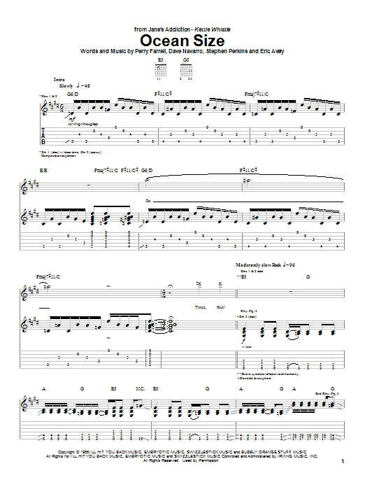 Jane's Addiction Ocean Size Sheet Music Notes & Chords for Guitar Tab - Download or Print PDF