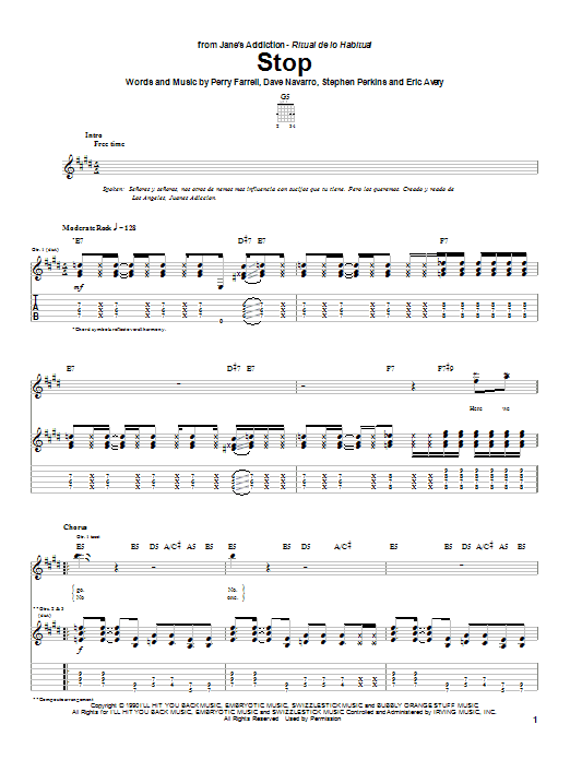Jane's Addiction Stop Sheet Music Notes & Chords for Guitar Tab - Download or Print PDF