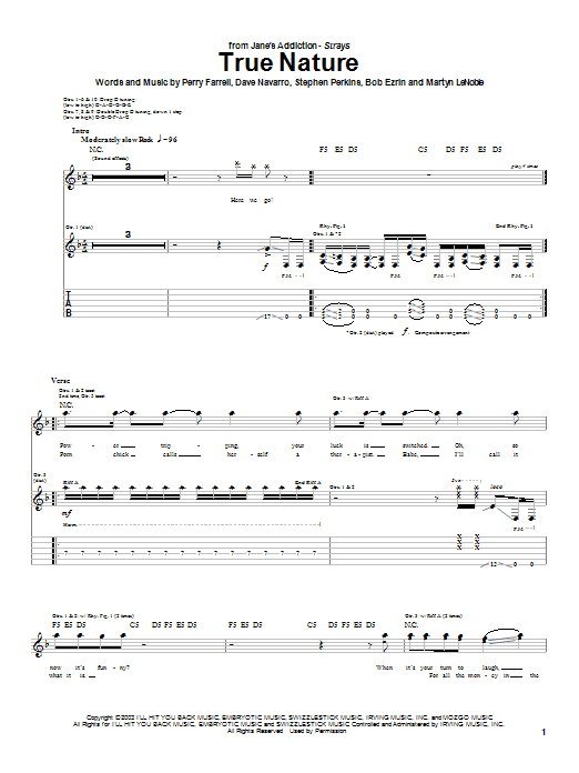 Jane's Addiction True Nature Sheet Music Notes & Chords for Guitar Chords/Lyrics - Download or Print PDF