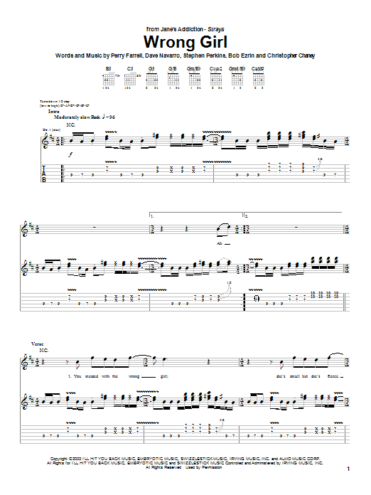 Jane's Addiction Wrong Girl Sheet Music Notes & Chords for Guitar Tab - Download or Print PDF