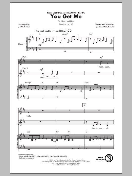 Jamie Houston You Get Me (arr. Janet Day) Sheet Music Notes & Chords for 2-Part Choir - Download or Print PDF
