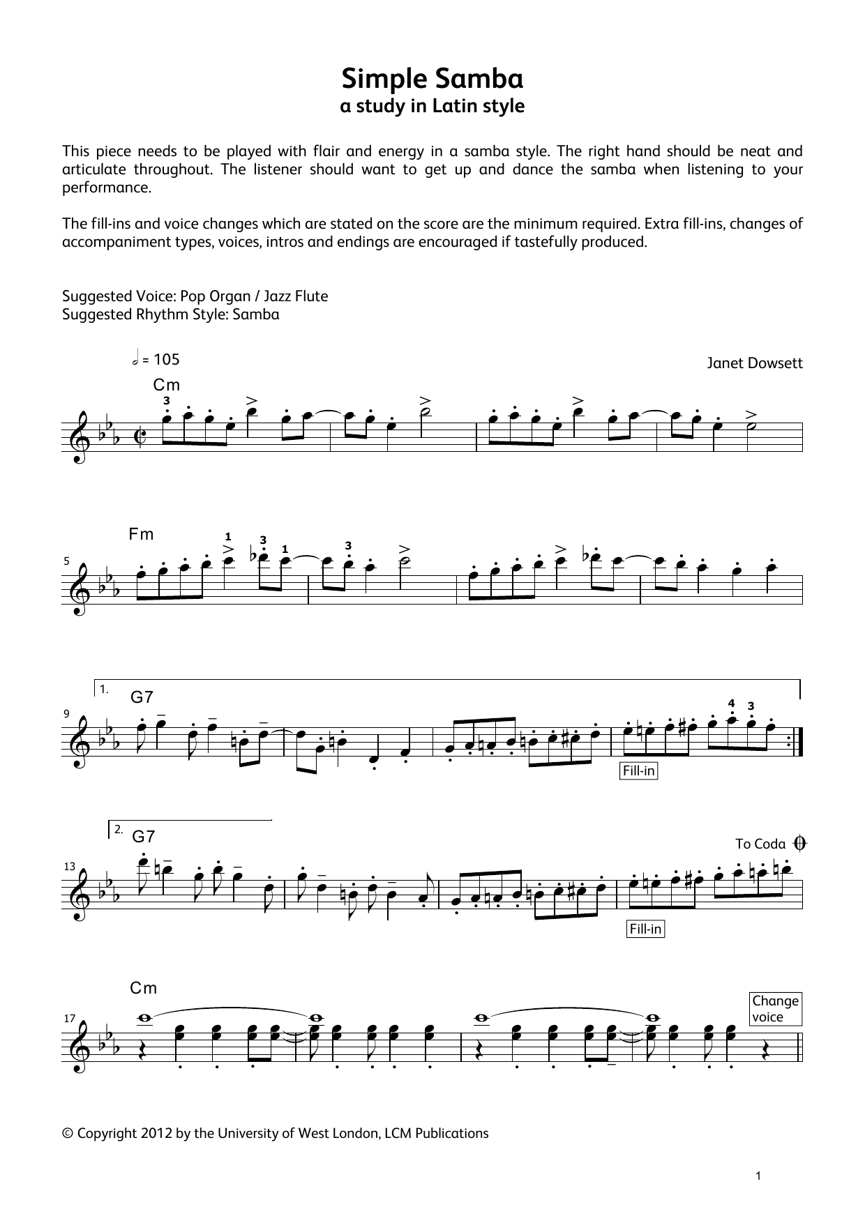 Janet Dowsett Simple Samba (from LCME Electronic Keyboard Grade 7 List A) Sheet Music Notes & Chords for Piano Solo - Download or Print PDF