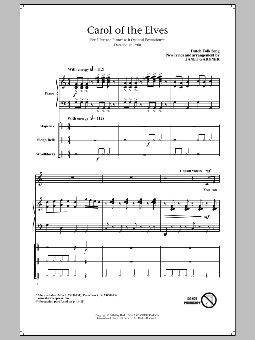Janet Gardner Carol Of The Elves Sheet Music Notes & Chords for 2-Part Choir - Download or Print PDF