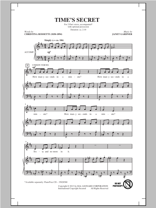 Janet Gardner Time's Secret Sheet Music Notes & Chords for 2-Part Choir - Download or Print PDF