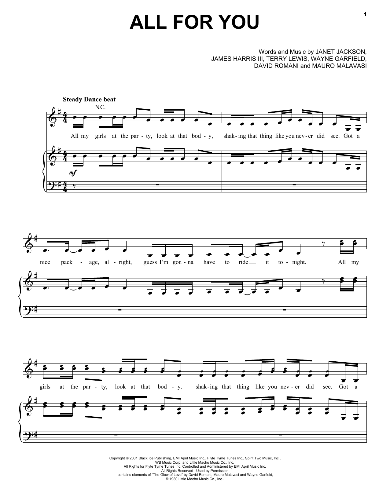 Janet Jackson All For You Sheet Music Notes & Chords for Piano, Vocal & Guitar (Right-Hand Melody) - Download or Print PDF