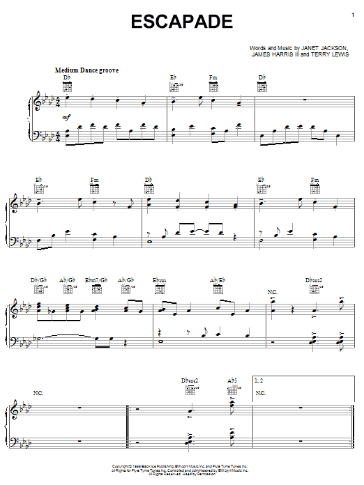 Janet Jackson Escapade Sheet Music Notes & Chords for Piano, Vocal & Guitar (Right-Hand Melody) - Download or Print PDF