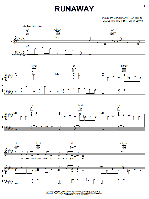 Janet Jackson Runaway Sheet Music Notes & Chords for Melody Line, Lyrics & Chords - Download or Print PDF