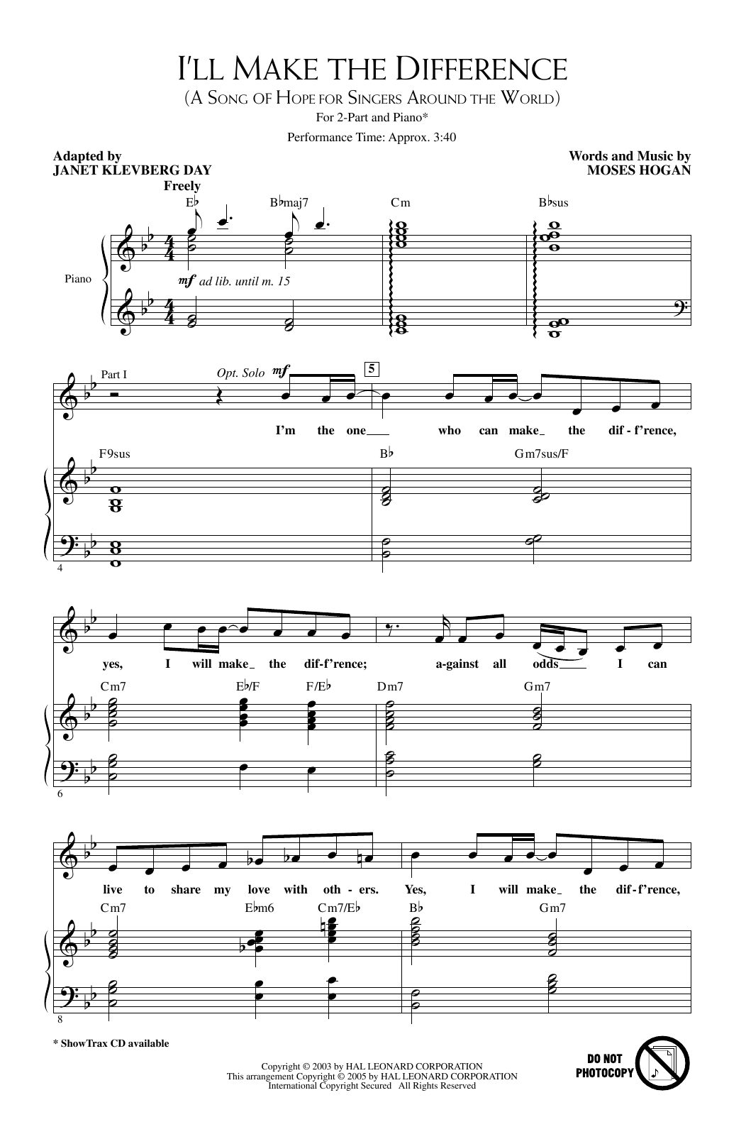 Janet Klevberg Day I'll Make The Difference (A Song Of Hope For Singers Around The World) Sheet Music Notes & Chords for 2-Part Choir - Download or Print PDF