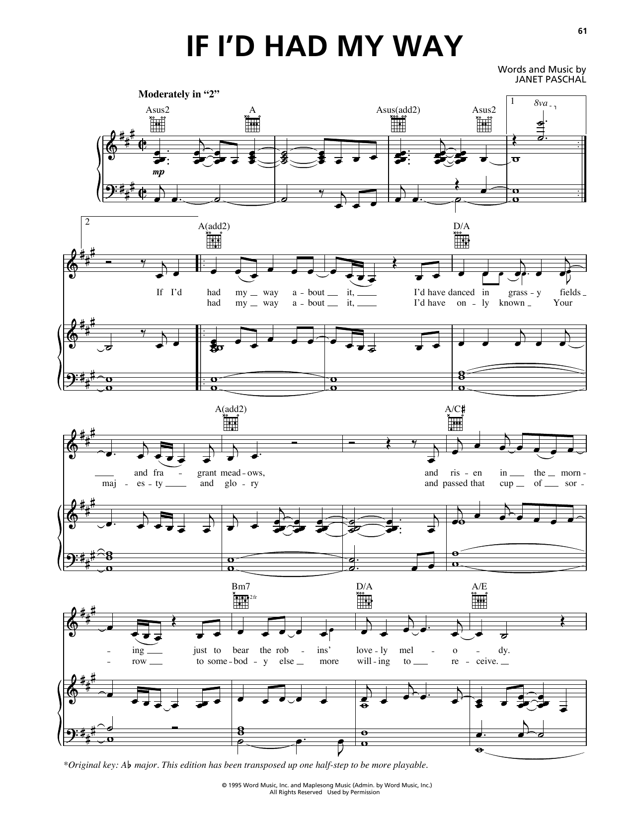 Janet Paschal If I'd Had My Way Sheet Music Notes & Chords for Piano, Vocal & Guitar Chords (Right-Hand Melody) - Download or Print PDF