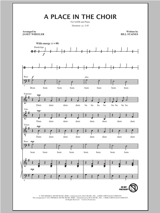 Bill Staines A Place In The Choir (arr. Janet Wheeler) Sheet Music Notes & Chords for SATB - Download or Print PDF