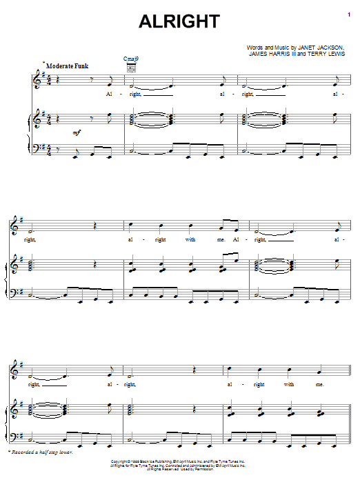 Preview Janet Jackson Alright Pop sheet music, notes and chords for Piano, Vocal & Guitar (Right-Hand Melody), SKU: 63571 Alright sheet music