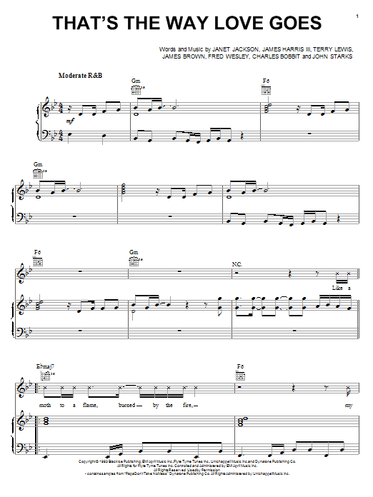 Preview Janet Jackson That's The Way Love Goes Pop sheet music, notes and chords for Piano, Vocal & Guitar (Right-Hand Melody), SKU: 24089 sheet music, piano notes, chords, guitar tabs, score, transpose, transcribe, how to play, guide, download, learn, tutorial, progression, song, artist, awards, billboard, mtv, vh1, tour, single, album, release