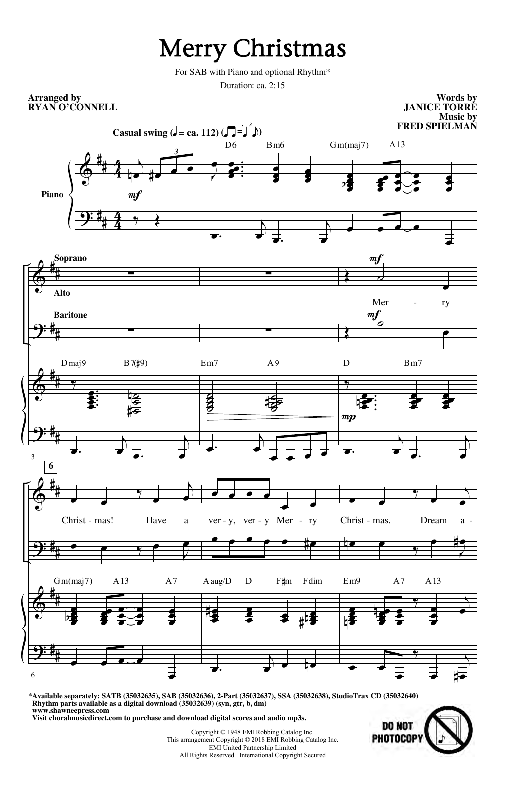 Janice Torre & Fred Spielman Merry Christmas (arr. Ryan O'Connell) Sheet Music Notes & Chords for SSA Choir - Download or Print PDF