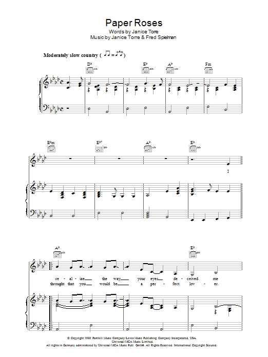 Janice Torre Paper Roses Sheet Music Notes & Chords for Piano, Vocal & Guitar (Right-Hand Melody) - Download or Print PDF