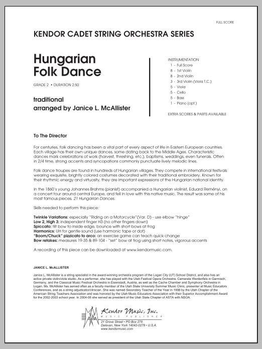 Preview Janice McAllister Hungarian Folk Dance - Conductor Score (Full Score) Classical sheet music, notes and chords for Orchestra, SKU: 330460 Hungarian Folk Dance - Conductor Score (Full Score) sheet music