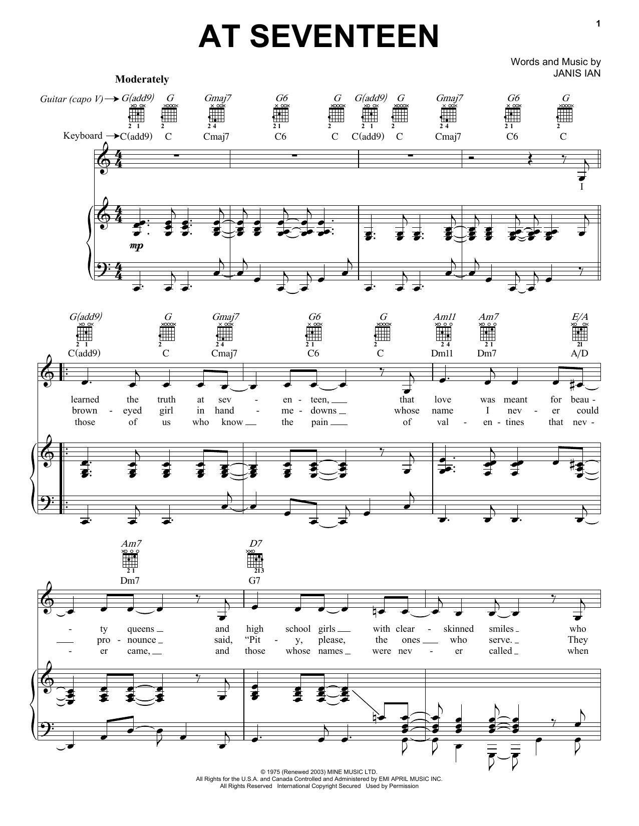 Janis Ian At Seventeen Sheet Music Notes & Chords for Lyrics & Chords - Download or Print PDF