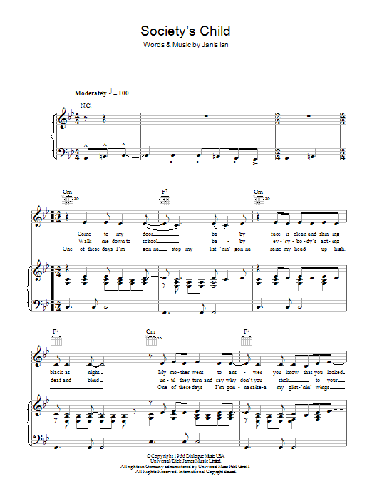 Janis Ian Society's Child Sheet Music Notes & Chords for Piano, Vocal & Guitar (Right-Hand Melody) - Download or Print PDF
