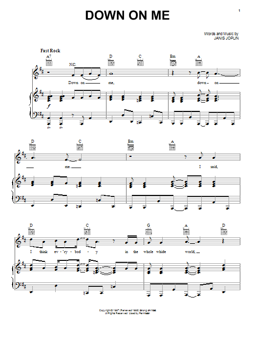 Janis Joplin Down On Me (from the musical A Night With Janis Joplin) Sheet Music Notes & Chords for Piano, Vocal & Guitar (Right-Hand Melody) - Download or Print PDF Janis Joplin Down On Me (from the musical A Night With Janis Joplin) Sheet Music Notes & Chords for Piano, Vocal & Guitar (Right-Hand Melody) - Download or Print PDF