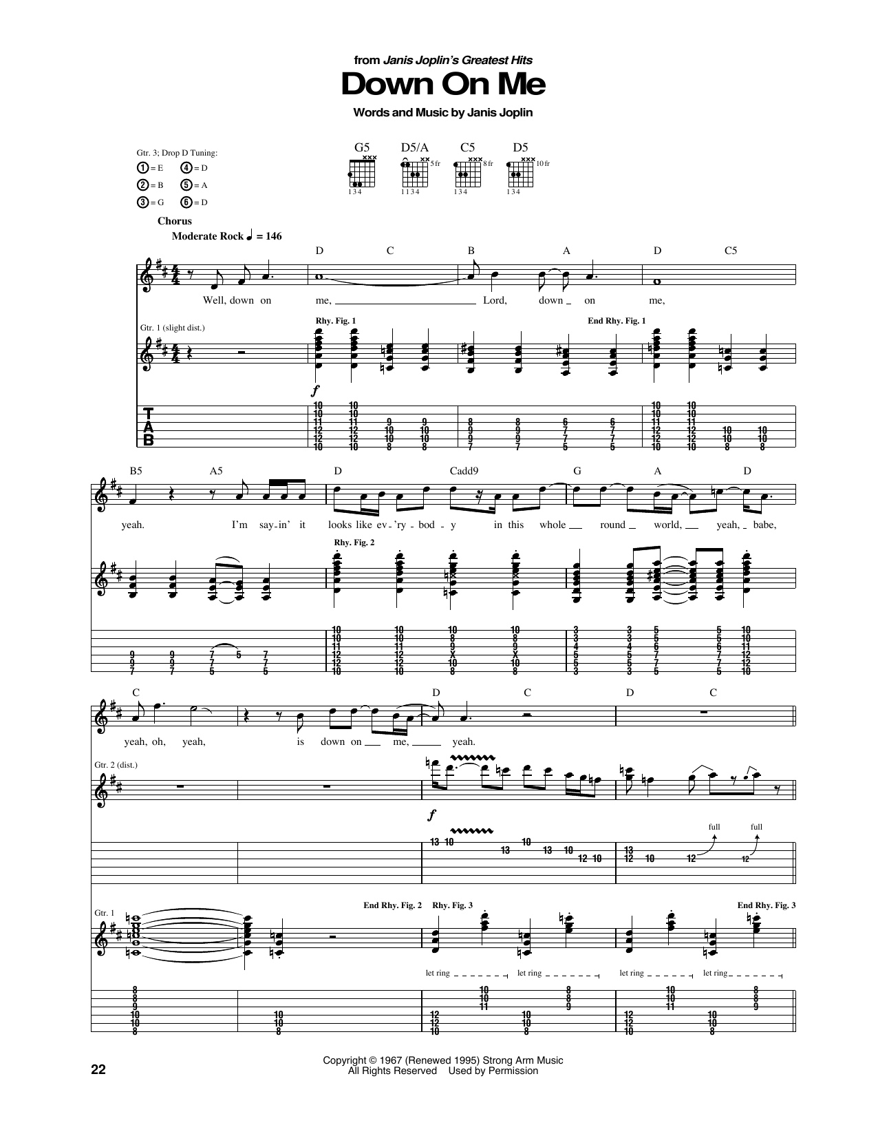 Janis Joplin Down On Me Sheet Music Notes & Chords for Guitar Tab - Download or Print PDF