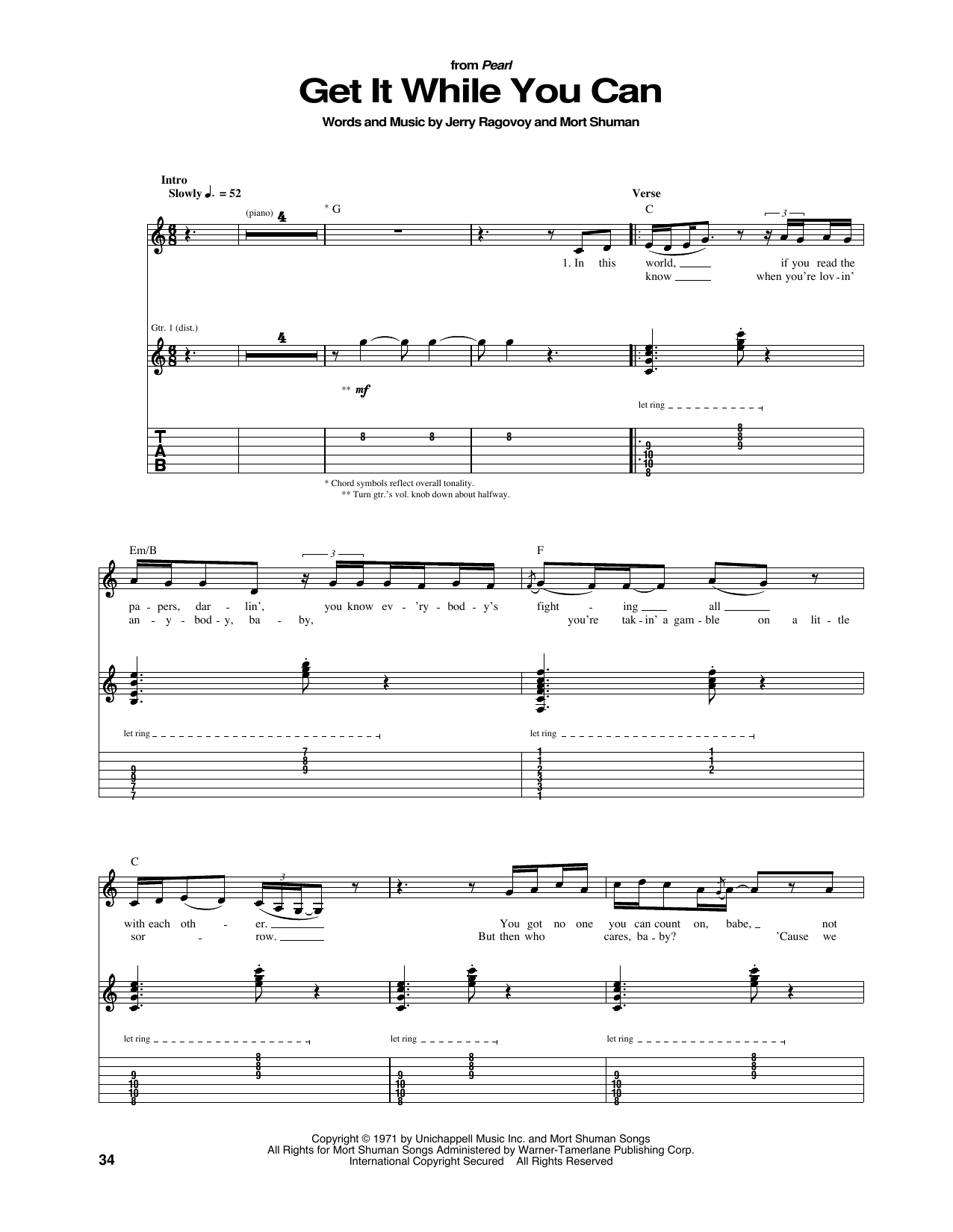 Janis Joplin Get It While You Can Sheet Music Notes & Chords for Guitar Tab - Download or Print PDF