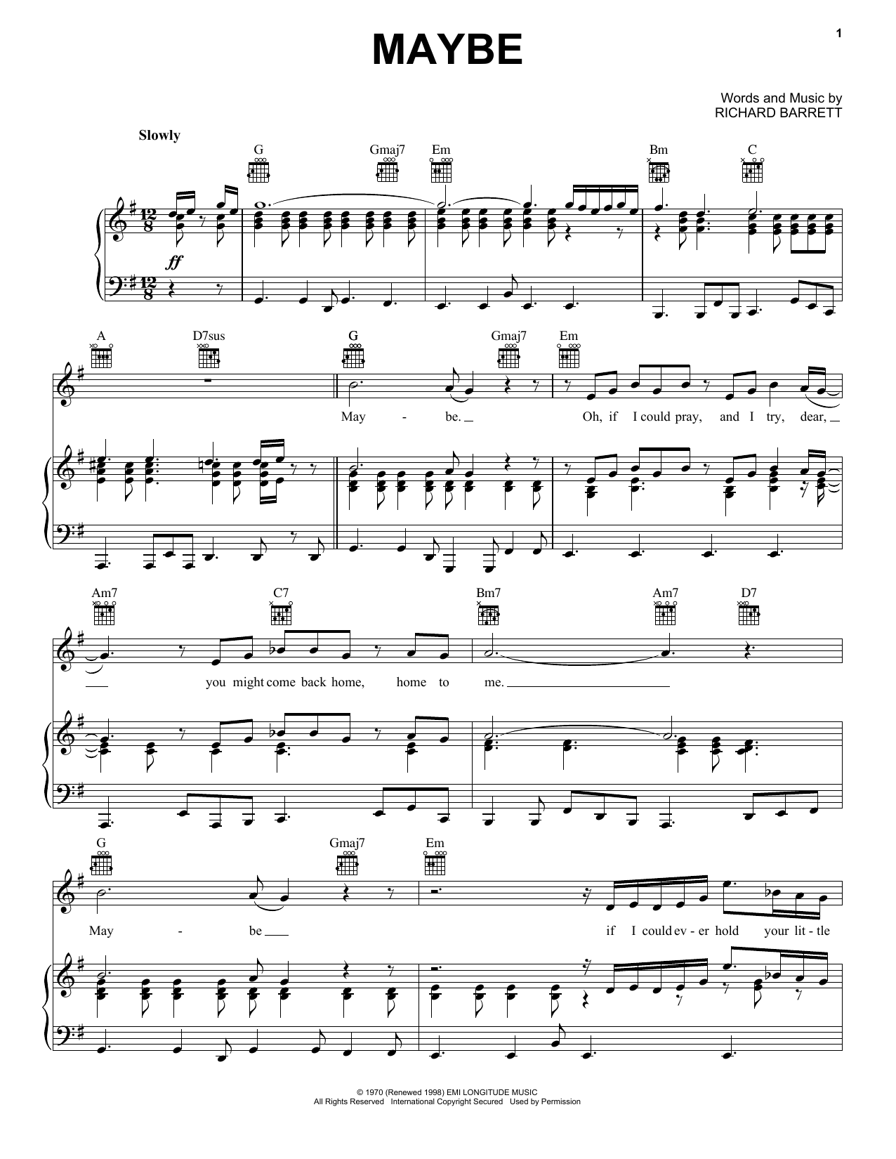 Janis Joplin Maybe (from the musical A Night With Janis Joplin) Sheet Music Notes & Chords for Piano, Vocal & Guitar (Right-Hand Melody) - Download or Print PDF