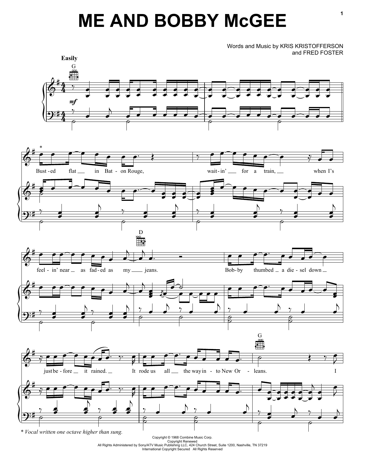 Janis Joplin Me And Bobby McGee Sheet Music Notes & Chords for Melody Line, Lyrics & Chords - Download or Print PDF