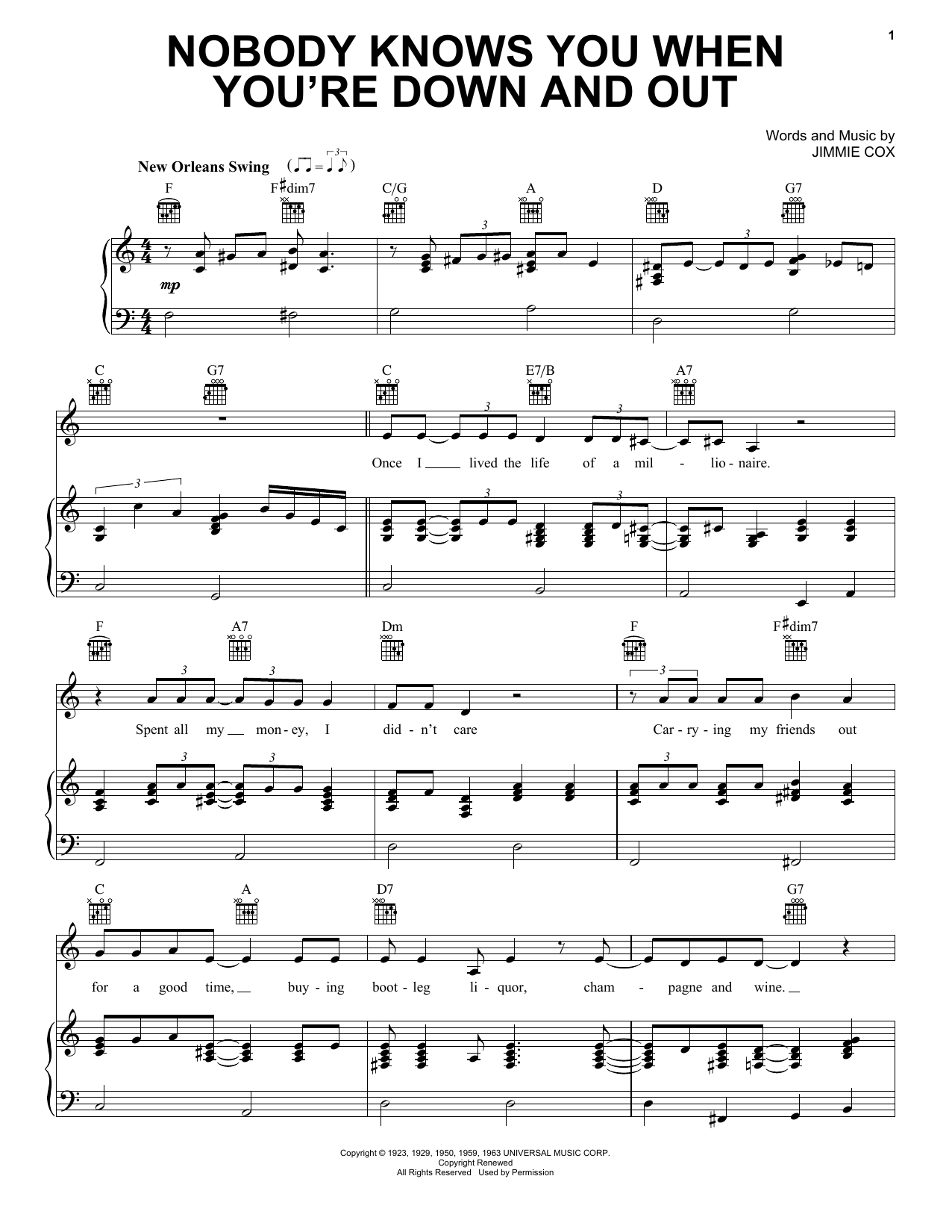 Janis Joplin Nobody Knows You When You're Down And Out (from the musical A Night With Janis Joplin) Sheet Music Notes & Chords for Piano, Vocal & Guitar (Right-Hand Melody) - Download or Print PDF