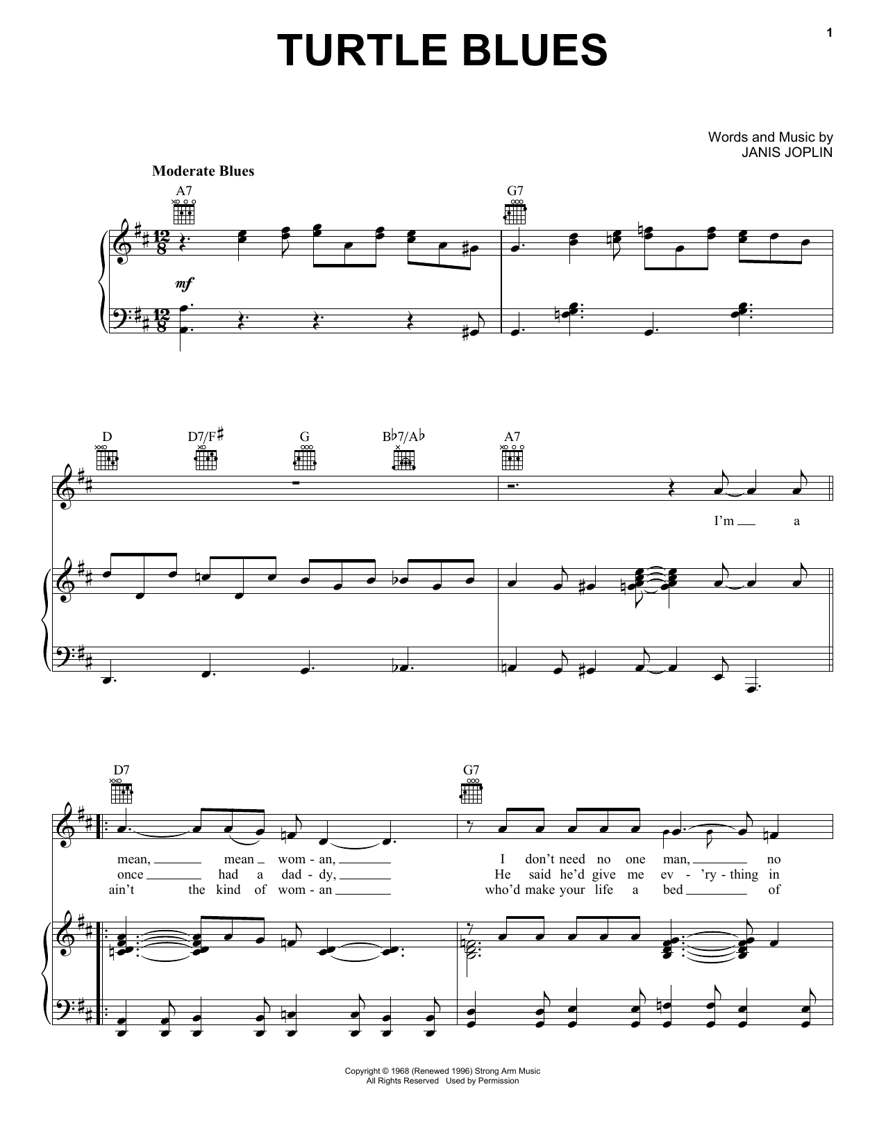 Janis Joplin Turtle Blues (from the musical A Night With Janis Joplin) Sheet Music Notes & Chords for Piano, Vocal & Guitar (Right-Hand Melody) - Download or Print PDF